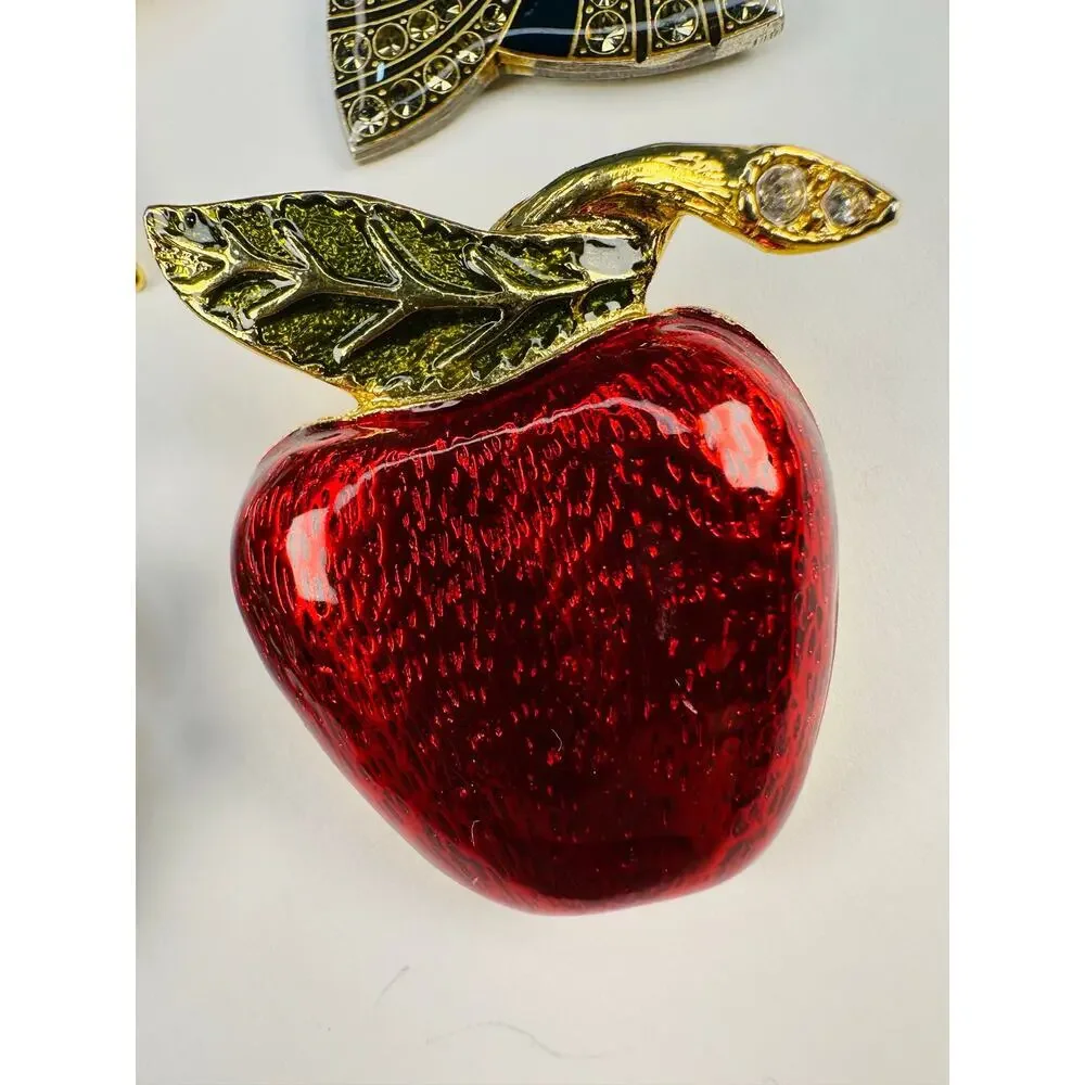 Vintage Enamel and Bead Brooch Pin Bundle Apple, Dragonfly, Sunburst